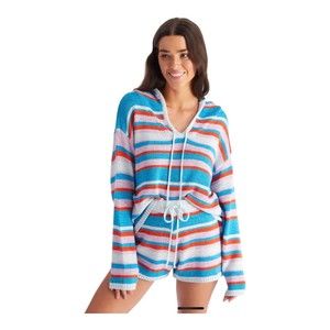 Allison New York Blue Pink Striped V-Neck Crop Hooded Sweater‎ Small